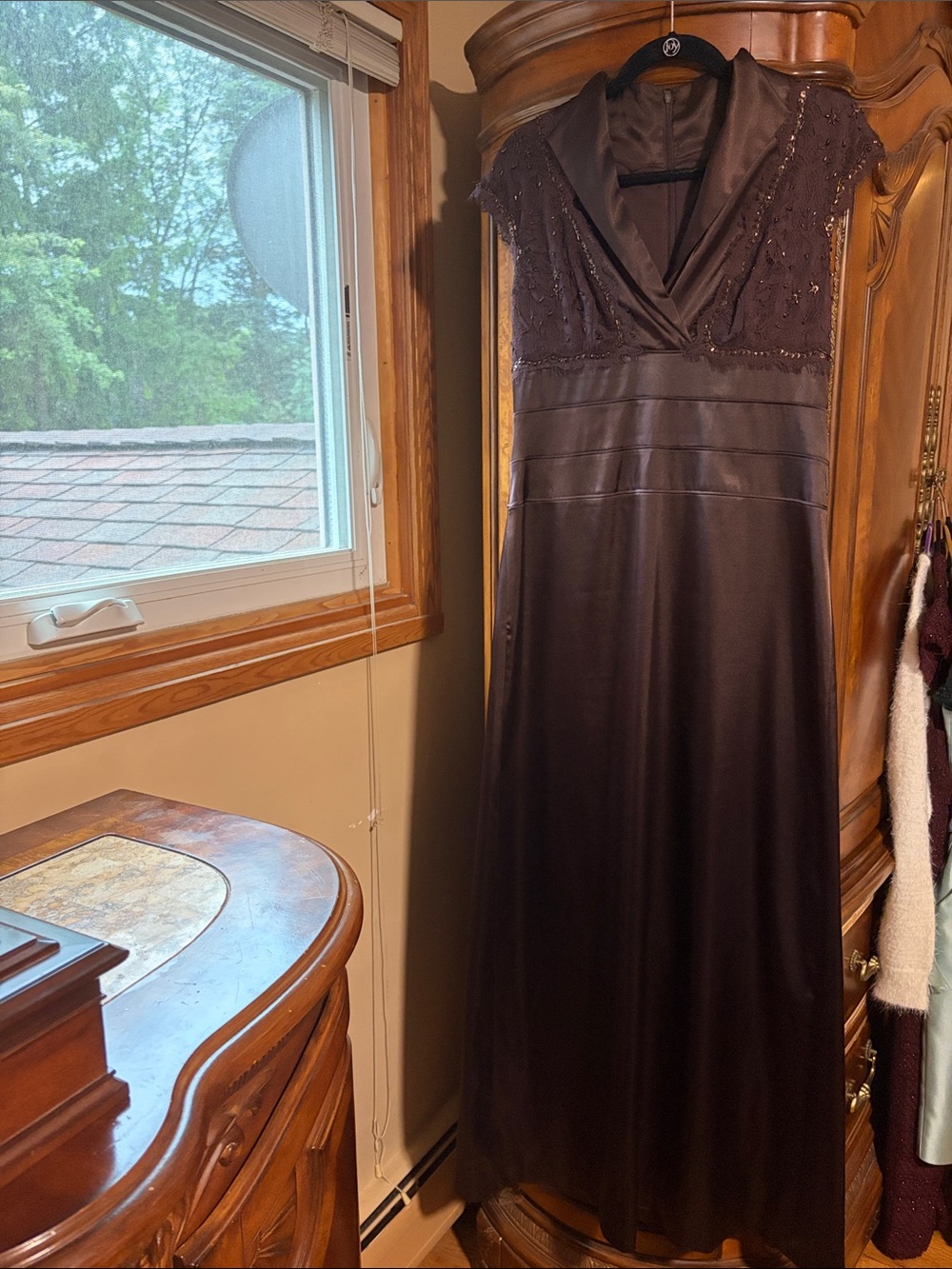 Adrianna Papell Plum Beaded Satin Maxi Dress